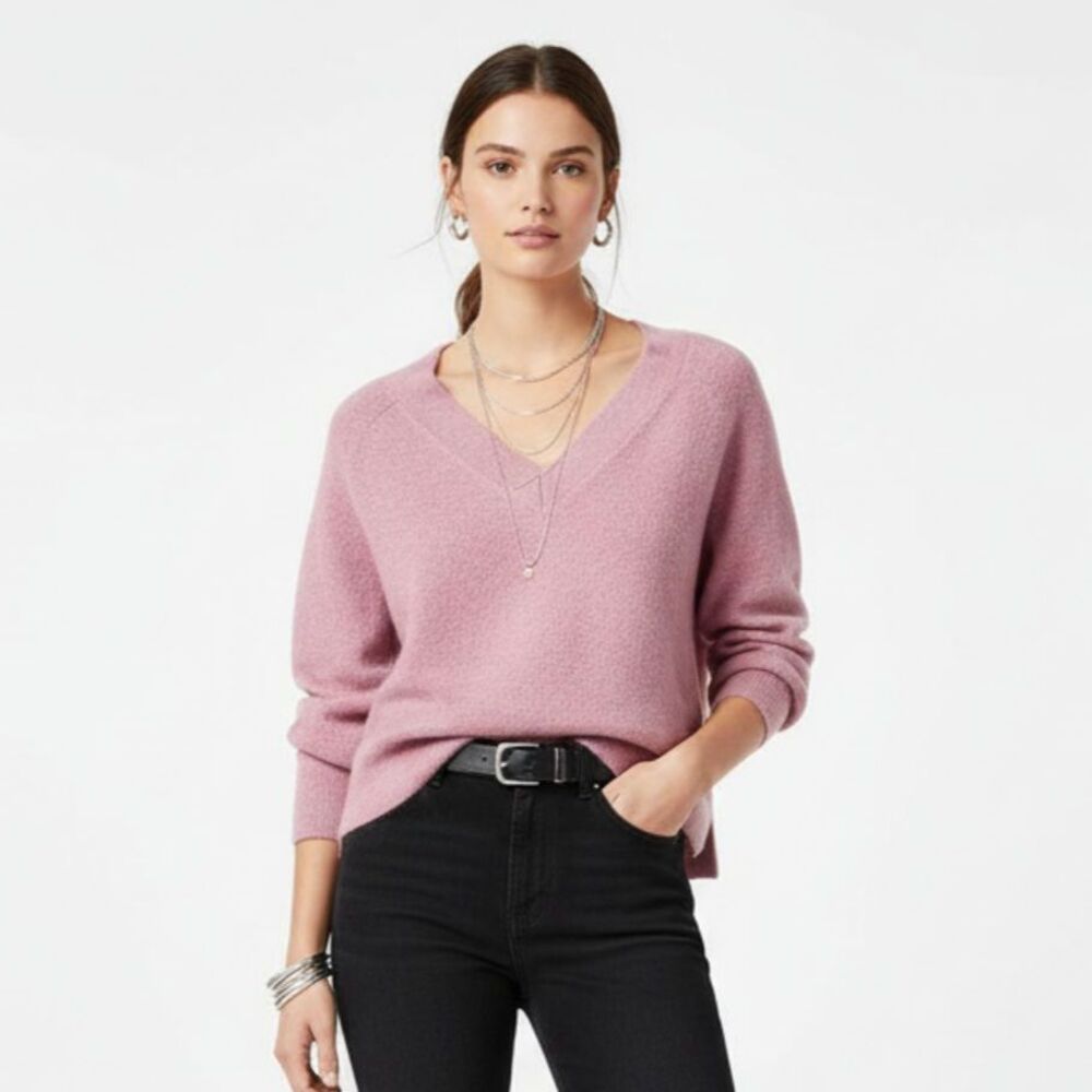 Anthropologie Rose Pink Long Sleeve Knit Cropped‎ Oversized V Neck Sweater XS